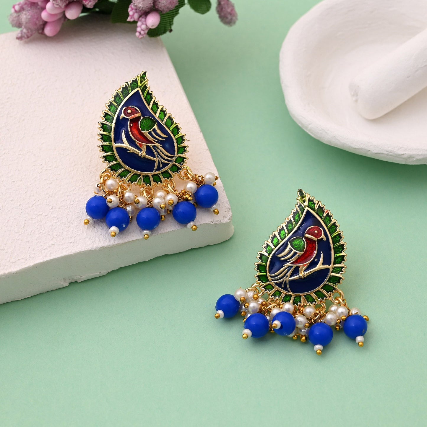 Stunning Blue Color Meenakari Earrings With Intricate Handpainted Enamel Work For Women