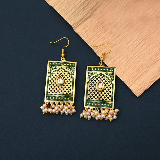 Gorgeous Green Color Meenakari Earrings With Artistic Handmade Work For Elegant Dressing