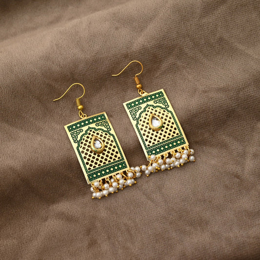 Gorgeous Green Color Meenakari Earrings With Artistic Handmade Work For Elegant Dressing