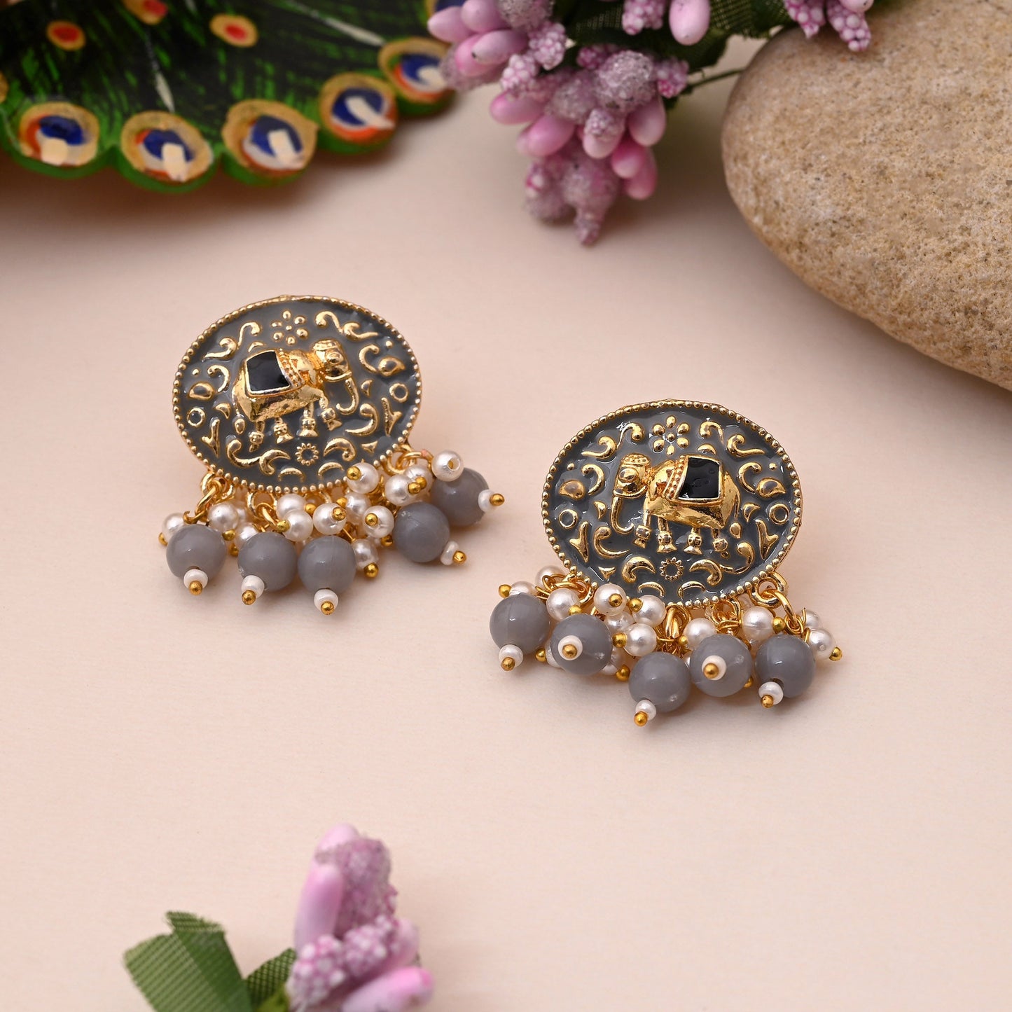 Graceful Grey Color Elephant Design Meenakari Earrings For Wedding Wear And Party Style