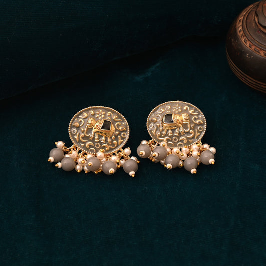 Graceful Grey Color Elephant Design Meenakari Earrings For Wedding Wear And Party Style