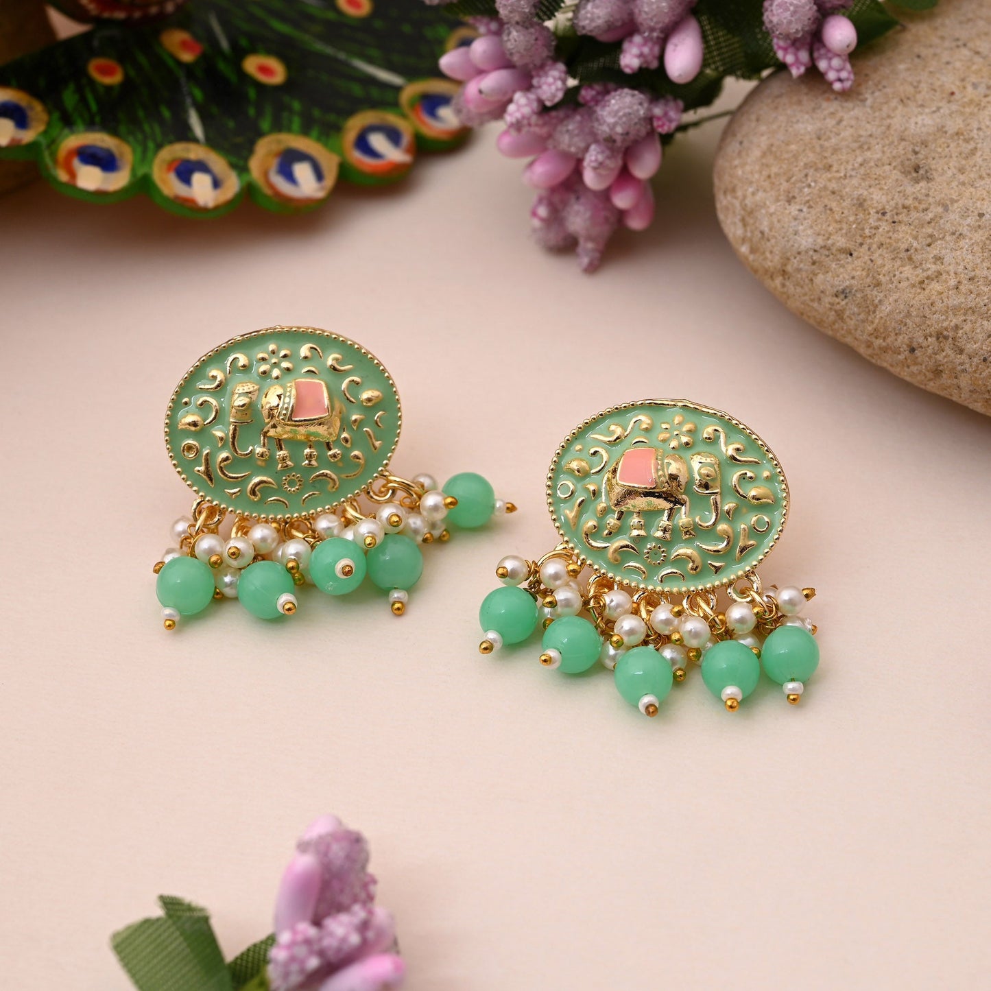 Stylish Pista Green Color Elephant Design Meenakari Earrings Crafted For Elegant Occasions