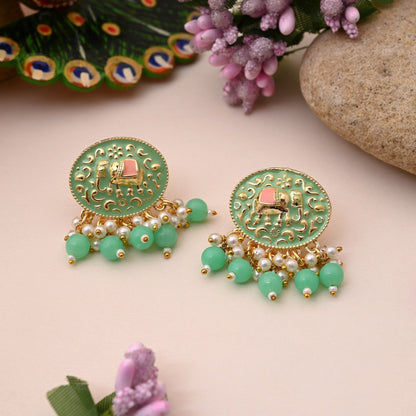 Stylish Pista Green Color Elephant Design Meenakari Earrings Crafted For Elegant Occasions