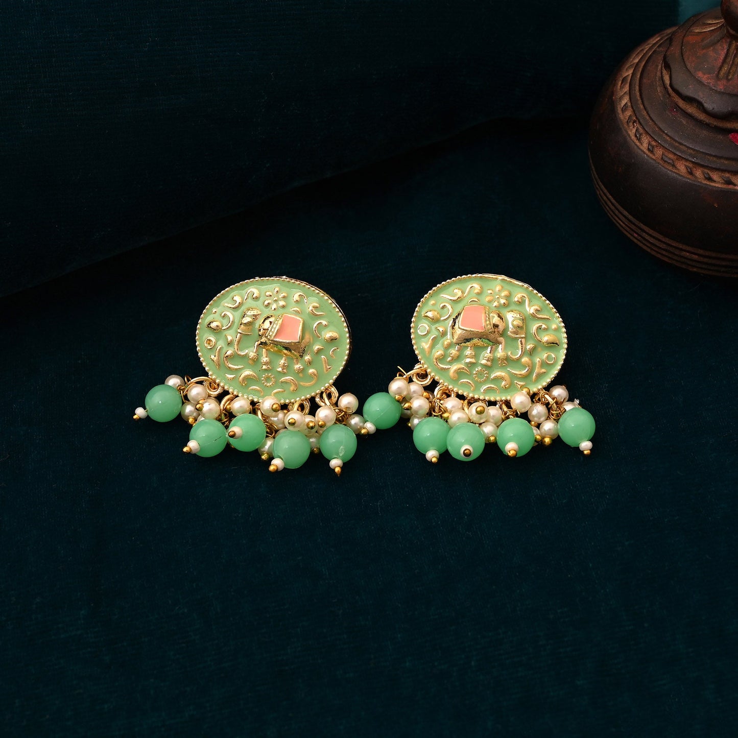 Stylish Pista Green Color Elephant Design Meenakari Earrings Crafted For Elegant Occasions