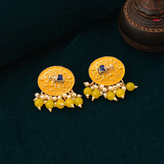 Traditional Yellow Color Elephant Design Meenakari Earrings With Beautifully Handcrafted Enamel Art
