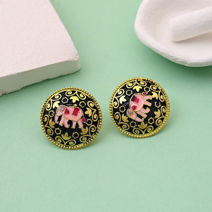 Elegant Black Color Mint Meena Elephant Design Meenakari Earrings With Intricate Finish