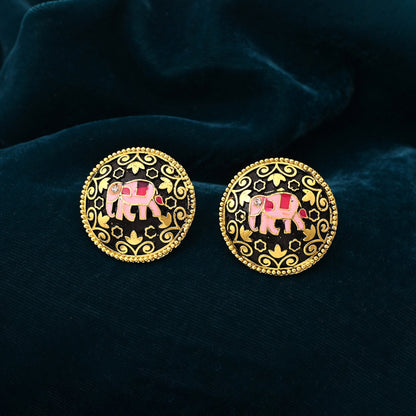 Elegant Black Color Mint Meena Elephant Design Meenakari Earrings With Intricate Finish