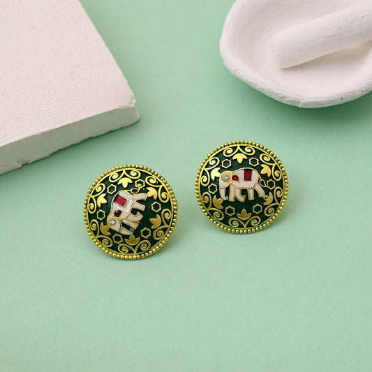 Attractive Green Color Mint Meena Elephant Design Meenakari Earrings With Handcrafted Detailing