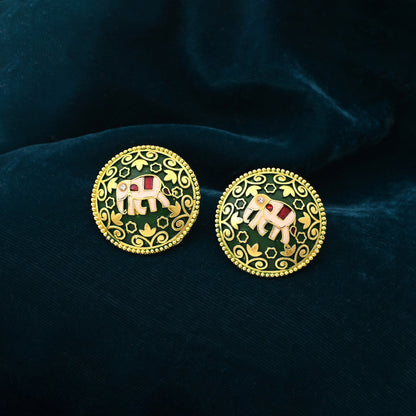 Attractive Green Color Mint Meena Elephant Design Meenakari Earrings With Handcrafted Detailing