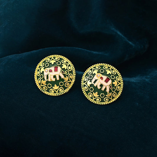 Attractive Green Color Mint Meena Elephant Design Meenakari Earrings With Handcrafted Detailing
