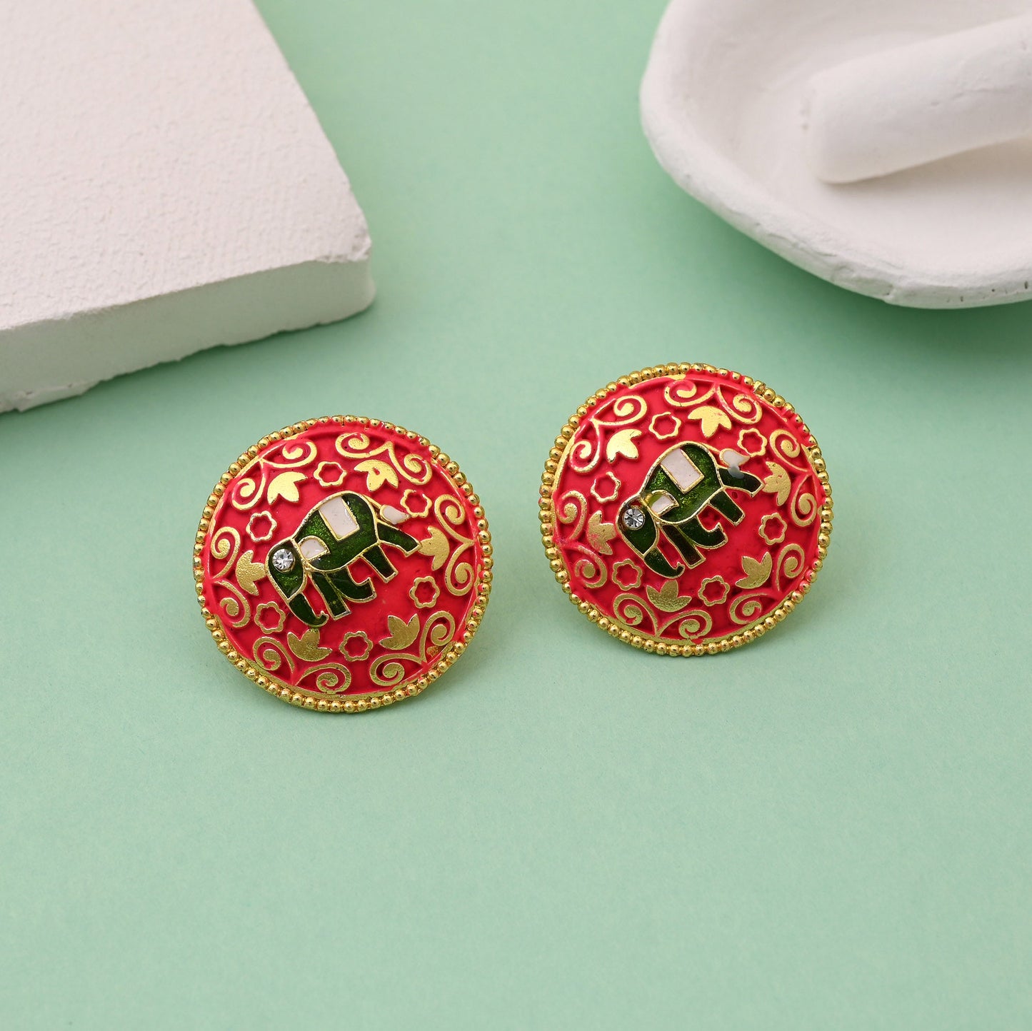 Gorgeous Red Color Mint Meena Elephant Design Meenakari Earrings For Special Occasions
