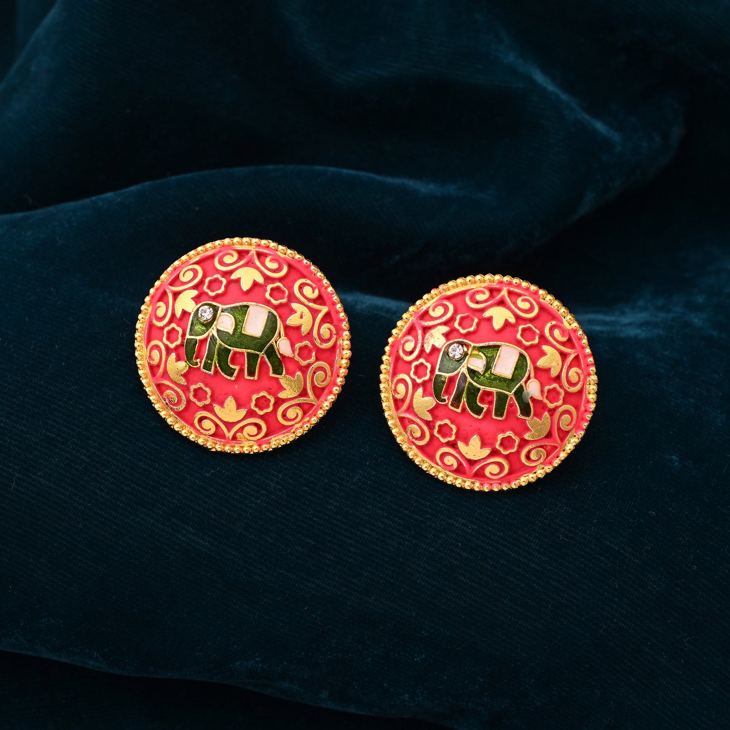 Gorgeous Red Color Mint Meena Elephant Design Meenakari Earrings For Special Occasions