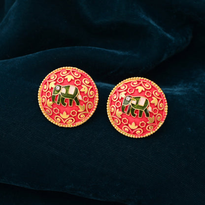 Gorgeous Red Color Mint Meena Elephant Design Meenakari Earrings For Special Occasions