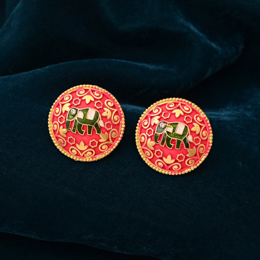 Gorgeous Red Color Mint Meena Elephant Design Meenakari Earrings For Special Occasions