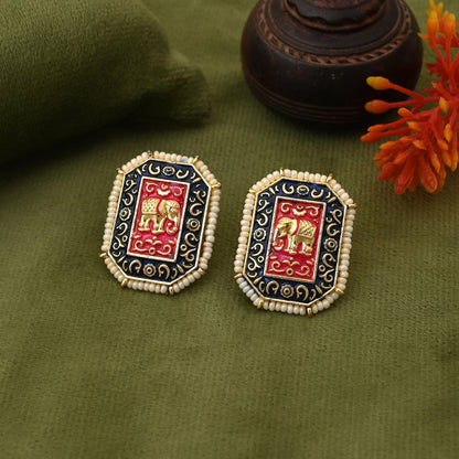Attractive Blue Color Elephant Design Meenakari Earrings With Fine Detailing For Ethnic Wear