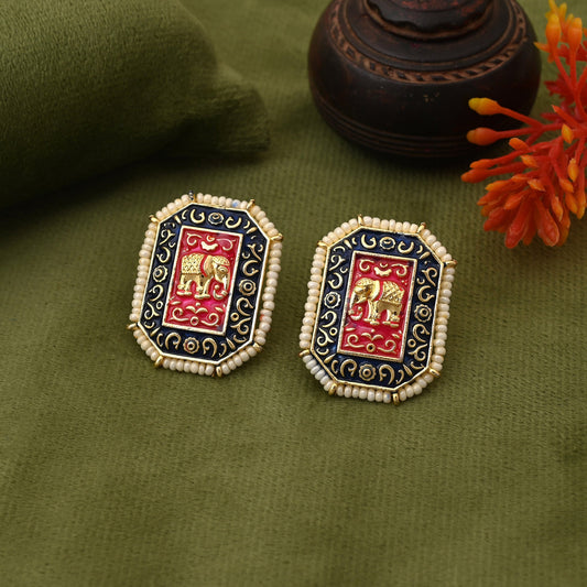 Attractive Blue Color Elephant Design Meenakari Earrings With Fine Detailing For Ethnic Wear