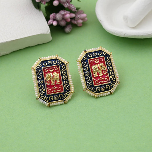 Attractive Blue Color Elephant Design Meenakari Earrings With Fine Detailing For Ethnic Wear