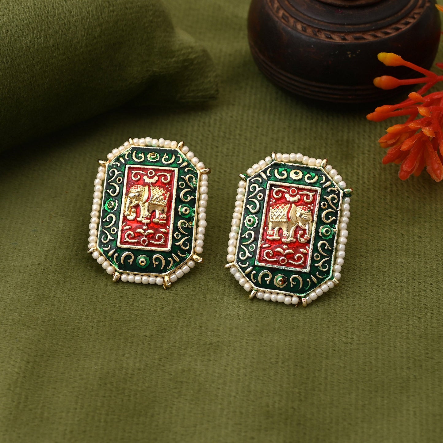 Royal Green Color Elephant Design Meenakari Earrings With Premium Quality Handcrafted Finish