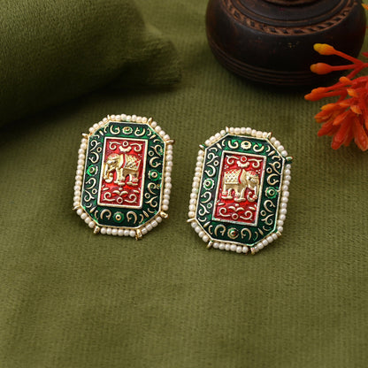 Royal Green Color Elephant Design Meenakari Earrings With Premium Quality Handcrafted Finish