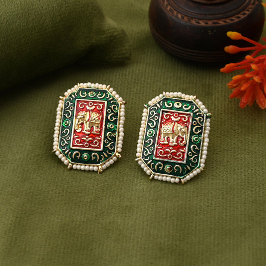 Royal Green Color Elephant Design Meenakari Earrings With Premium Quality Handcrafted Finish