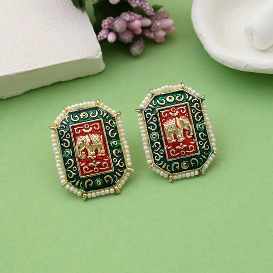 Royal Green Color Elephant Design Meenakari Earrings With Premium Quality Handcrafted Finish