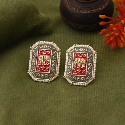 Elegant Grey Color Elephant Design Meenakari Earrings Designed For Festive Fashion Jewelry