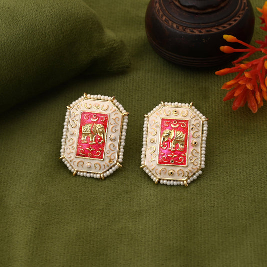 Gorgeous White Color Elephant Design Meenakari Earrings Crafted For Party And Wedding Wear