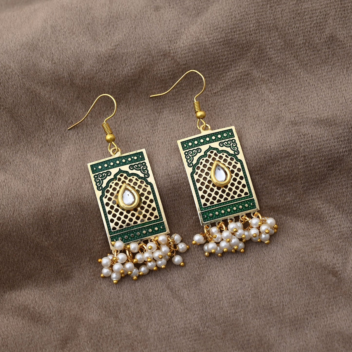 Classic Green Color Meenakari Earrings Crafted With Traditional Indian Handpainted Enamel Work