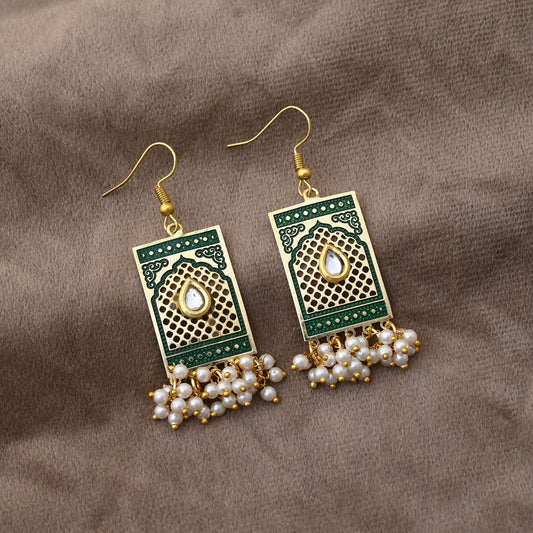 Classic Green Color Meenakari Earrings Crafted With Traditional Indian Handpainted Enamel Work