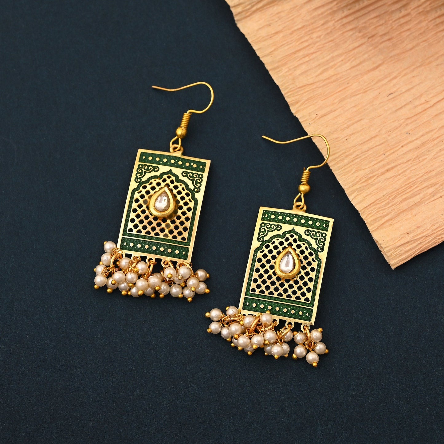 Classic Green Color Meenakari Earrings Crafted With Traditional Indian Handpainted Enamel Work