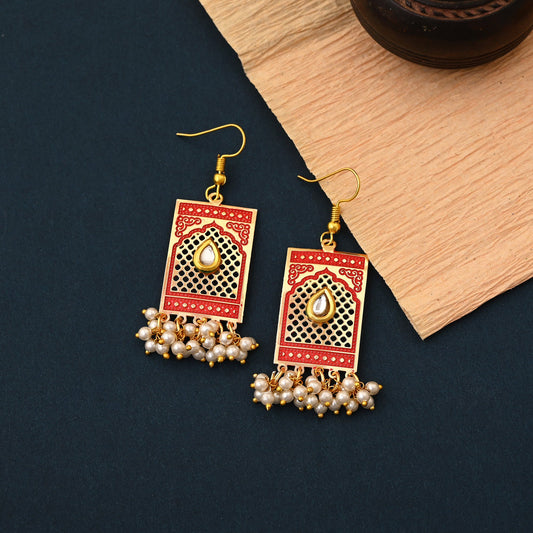 Beautiful Red Color Meenakari Earrings Crafted For Bridal Functions And Party Occasions