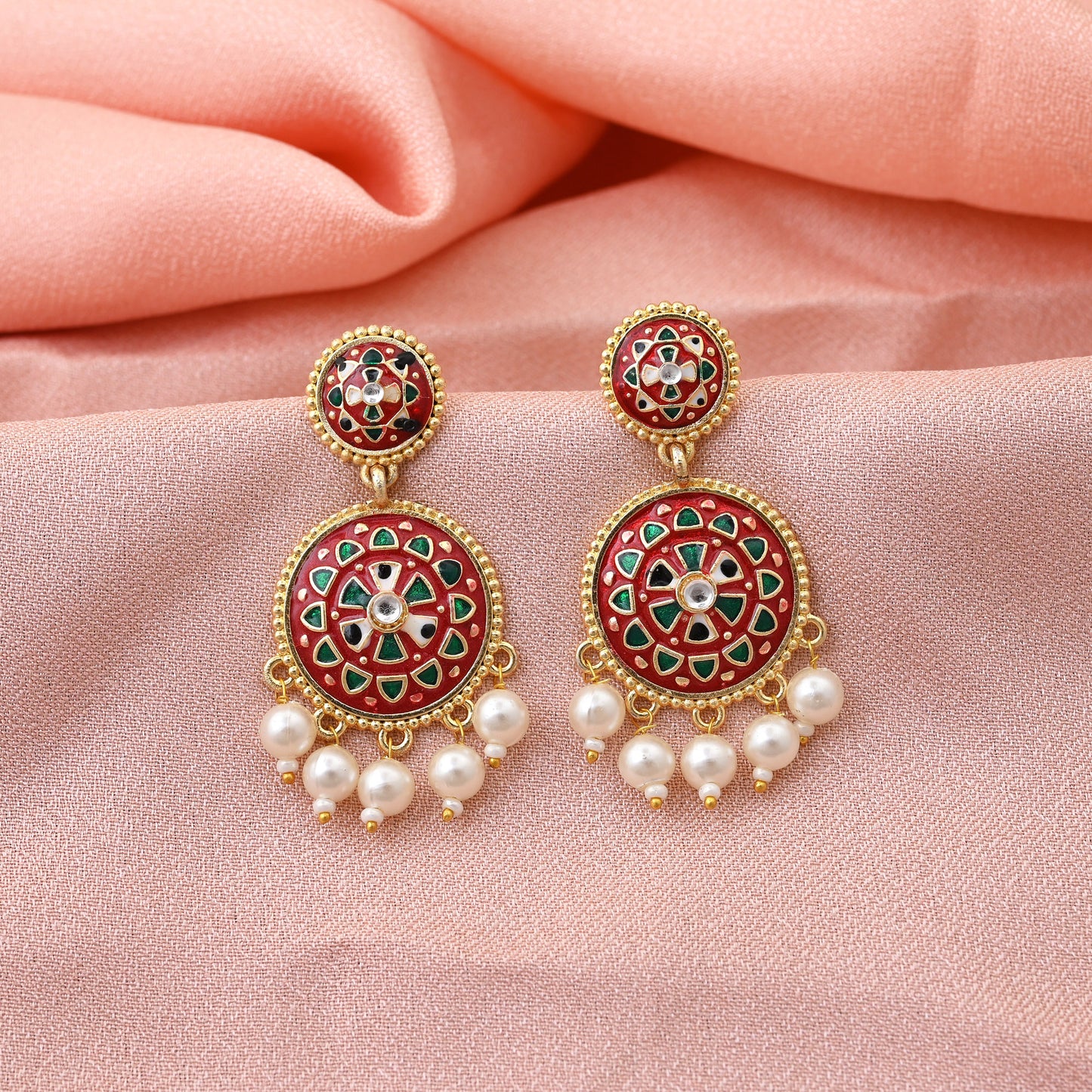 Exclusive Red Color Meenakari Earrings Designed For Traditional Cultural And Religious Festivals