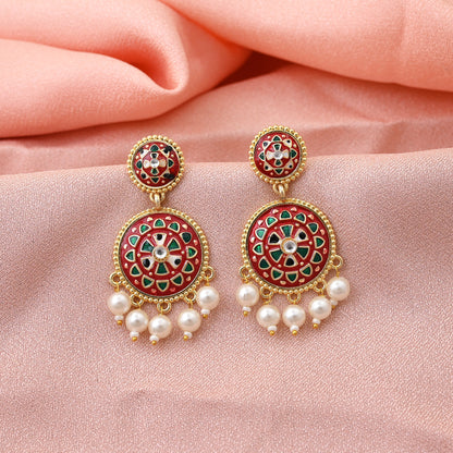 Exclusive Red Color Meenakari Earrings Designed For Traditional Cultural And Religious Festivals