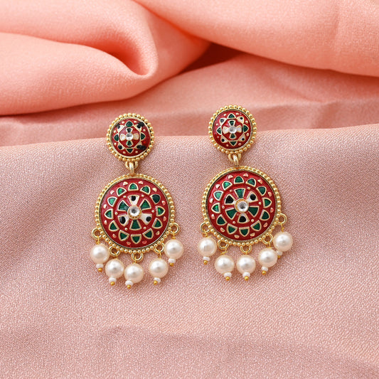 Exclusive Red Color Meenakari Earrings Designed For Traditional Cultural And Religious Festivals