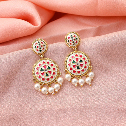 Classic White Color Meenakari Earrings Designed For Wedding Functions And Traditional Outfits