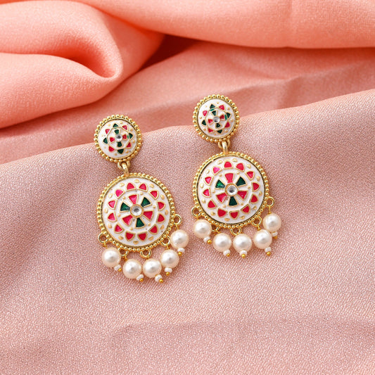 Classic White Color Meenakari Earrings Designed For Wedding Functions And Traditional Outfits