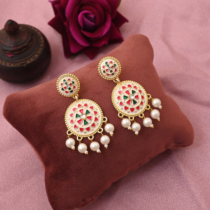 Classic White Color Meenakari Earrings Designed For Wedding Functions And Traditional Outfits