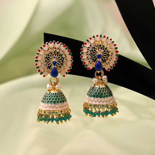 Königsgrüne Meenakari-Ohrringe mit handgefertigter künstlerischer Arbeit für festliche Feiern