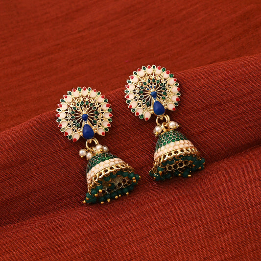 Königsgrüne Meenakari-Ohrringe mit handgefertigter künstlerischer Arbeit für festliche Feiern
