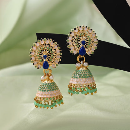 Attractive Pista Green Color Meenakari Earrings With Elegant Indian Handcrafted Jewelry Design
