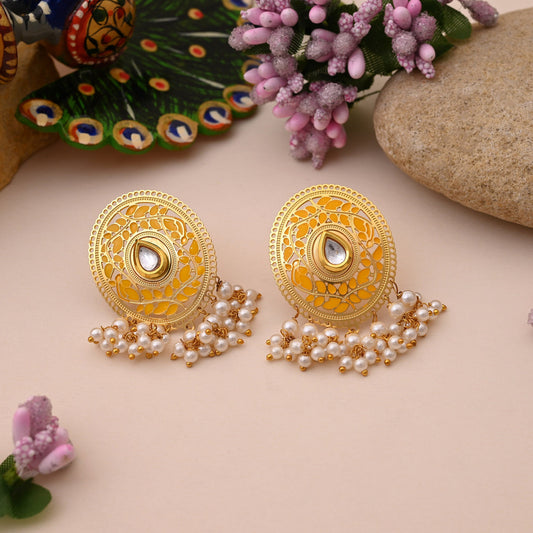 Royal Yellow Color Meenakari Earrings Crafted With Intricate Handmade Work For Festive Occasions