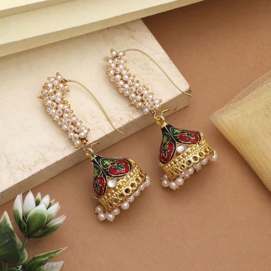 Royal Maroon & Green Color Meenakari Earrings With Stone Detailing For Ethnic Wear