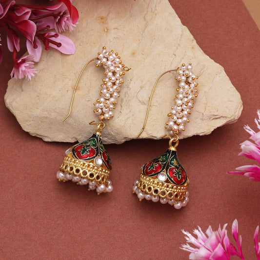 Royal Maroon & Green Color Meenakari Earrings With Stone Detailing For Ethnic Wear