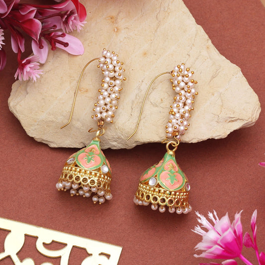 Elegant Peach & Light Green Color Meenakari Earrings With Traditional Design For Brides