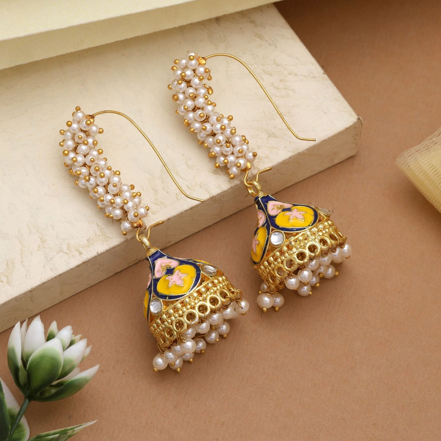 Beautiful Yellow & Blue Color Meenakari Earrings With Floral Work For Festive Occasions
