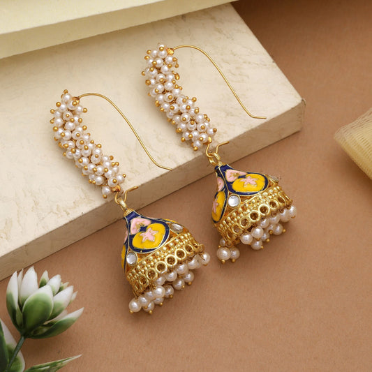 Beautiful Yellow & Blue Color Meenakari Earrings With Floral Work For Festive Occasions