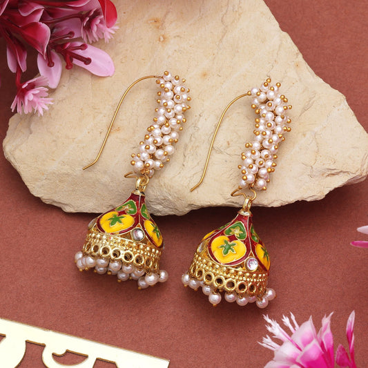 Stylish Yellow & Maroon Color Meenakari Earrings With Gold Plated Finish For Weddings