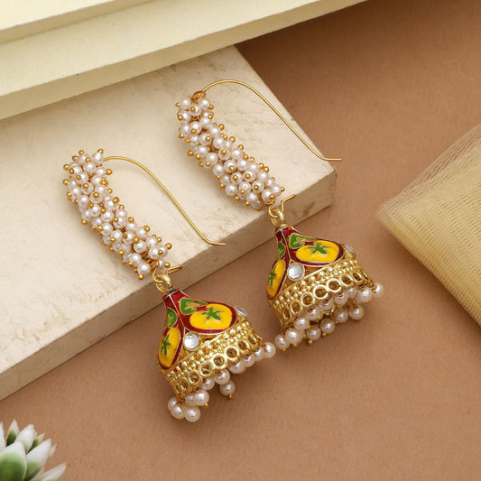 Stylish Yellow & Maroon Color Meenakari Earrings With Gold Plated Finish For Weddings