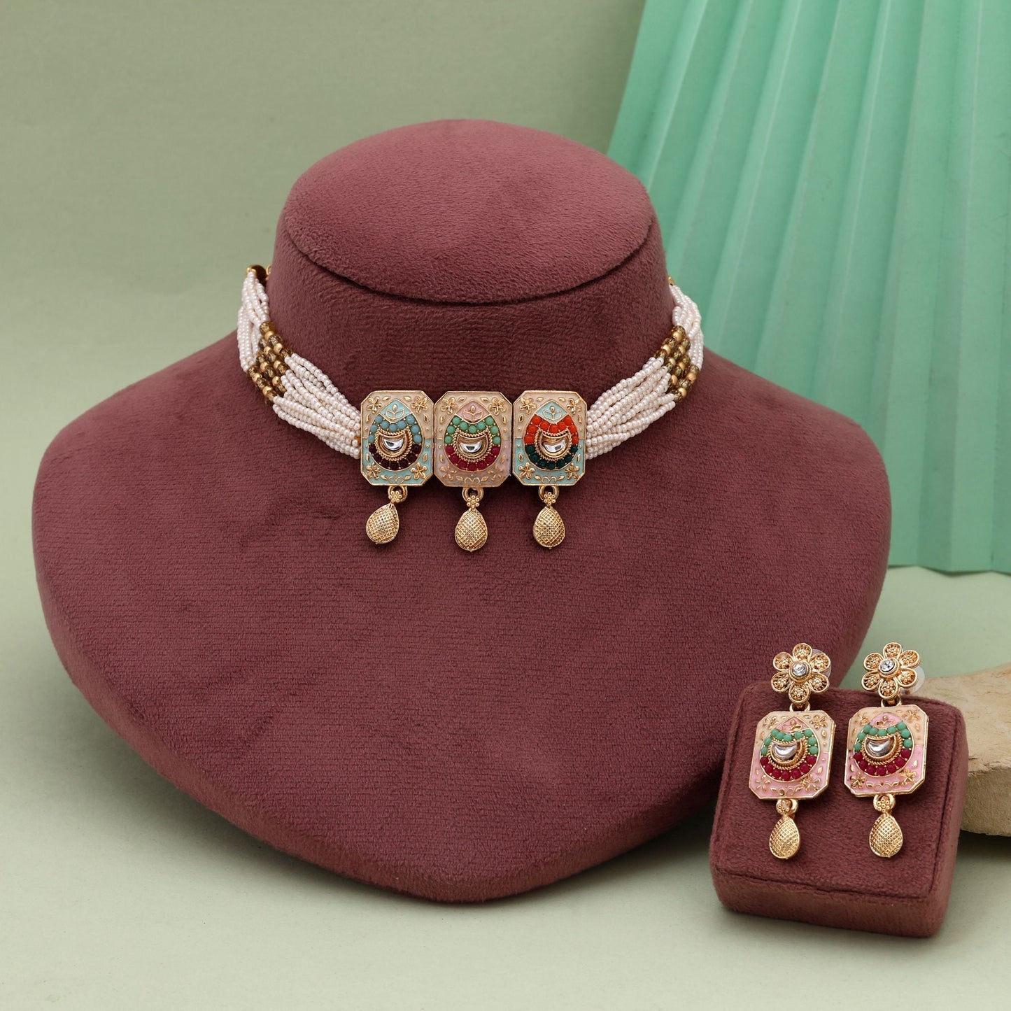 Elegant Assorted Color Choker Meenakari Necklace Set With Traditional Enamel Work For Festive Wear