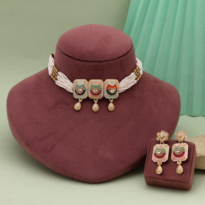 Elegant Assorted Color Choker Meenakari Necklace Set With Traditional Enamel Work For Festive Wear